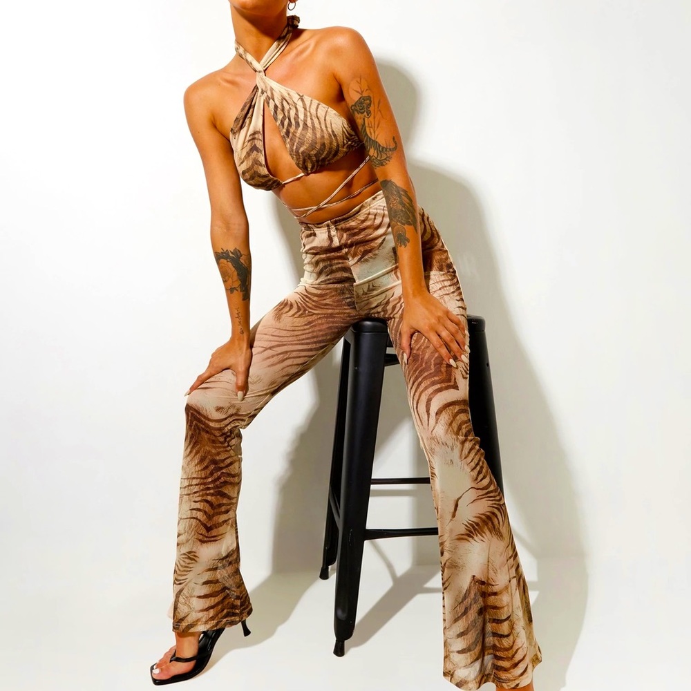 Motel Rocks Katara Strappy Top Herlom Flare Trouser in Tiger Brown 2 piece set